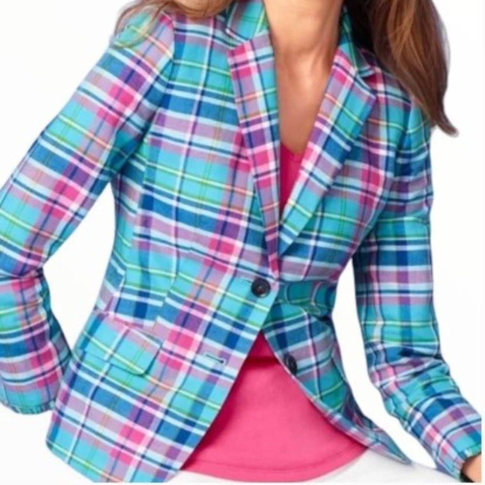 Talbots Madras Plaid Linen Blazer Turquoise & Pink Plaid Sz 10